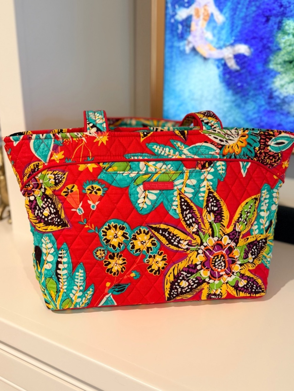 Vera Bradley Small Hathaway Tote Bag in Red with Turquoise Yellow & Greens NWOT - Picture 2 of 12
